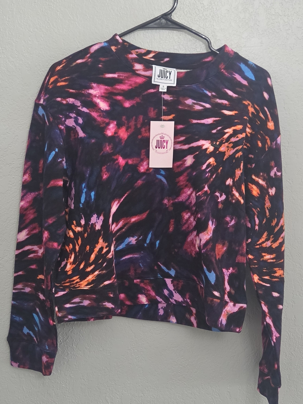 NWT Juicy Couture Black Tie-Dye Sweatshirt with Pink, Orange & Blue Swirls